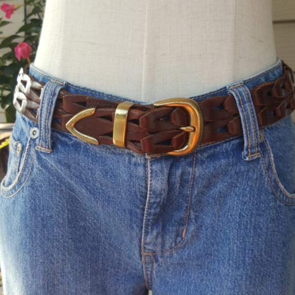 LIMITED ♡ Gorgeous Vintage Soft Genuine Brown Interwoven Design Leather Belt M - Picture 1 of 17
